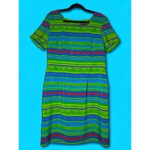 SAG HARBOR Size 14 Green, Blue and Red Sheath Dress with Funky Retro Print